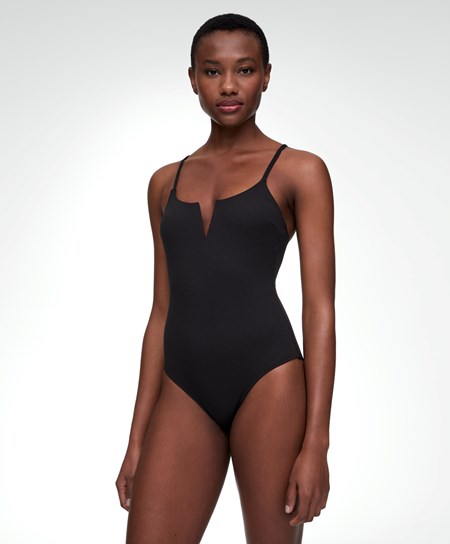 Oysho Piqué V-neck Swimsuit Čierne | HRK658021