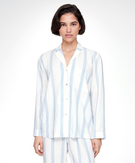 Oysho Pruhované Linen Long-sleeved Shirt Pale Ecru | UFR346210