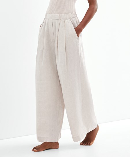 Oysho Relaxed-fit 100% Linen Trousers Sand Melange | LAO678395