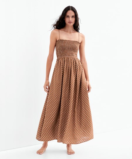 Oysho Remienkové Ruched Polka Dot Saty Caramel | PNY643295