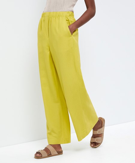 Oysho Rovno Cut Linen Trousers Lime | ZTB437128