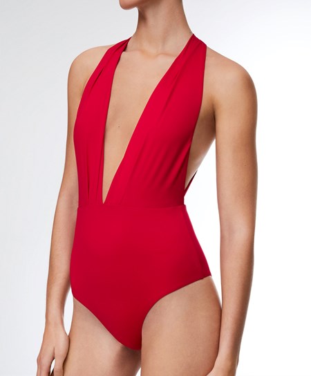 Oysho Ruched Vertical Neck Swimsuit Červené | KEJ318279