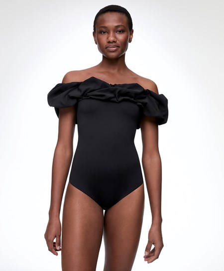 Oysho Ruffle Bandeau Swimsuit Čierne | BKA567439
