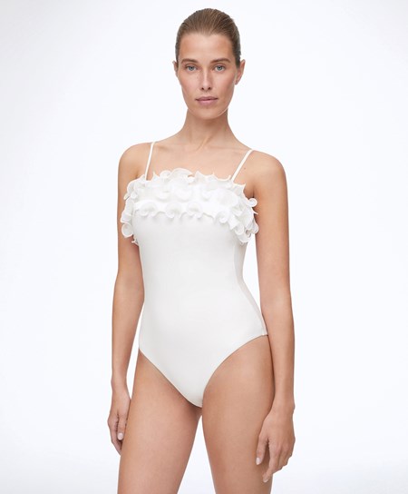 Oysho Ruffled Bandeau Swimsuit Biele | ITC701395