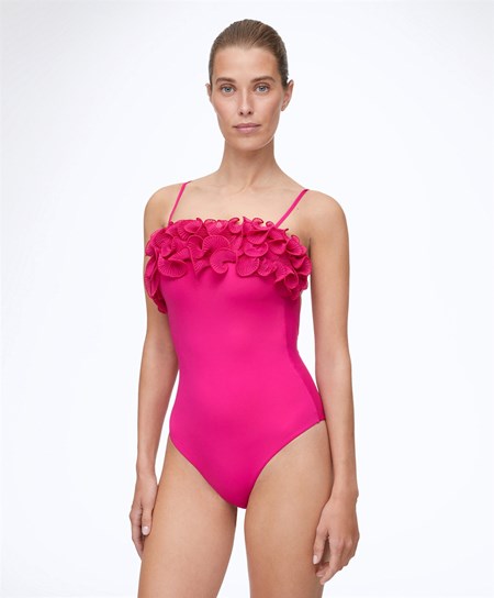 Oysho Ruffled Bandeau Swimsuit Fuchsie | DSJ473095