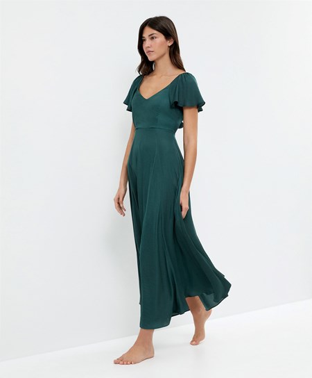 Oysho Satin Midi Saty With Open Back Zelene | KDG193268