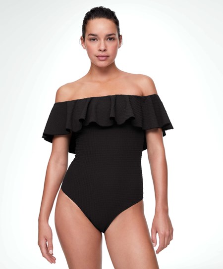 Oysho Seersucker Bandeau Swimsuit Čierne | VYM485932