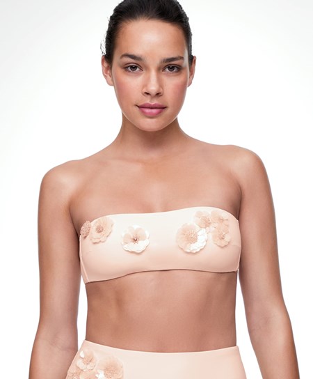 Oysho Sequinned Flowers Bandeau Bikiny Top Pink-ecru | ACX156983