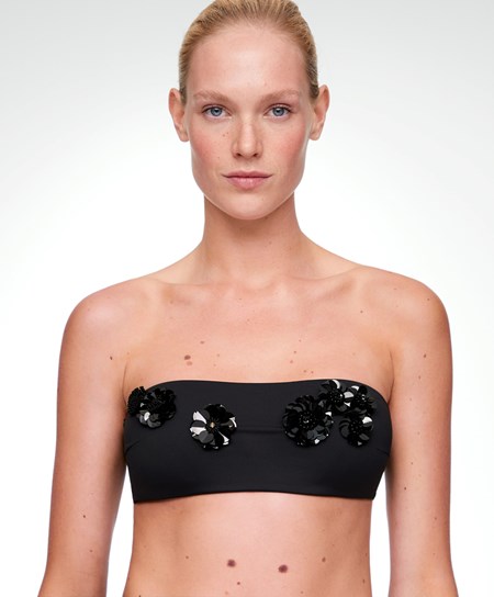 Oysho Sequinned Flowers Bandeau Bikiny Top Čierne | HNC739825