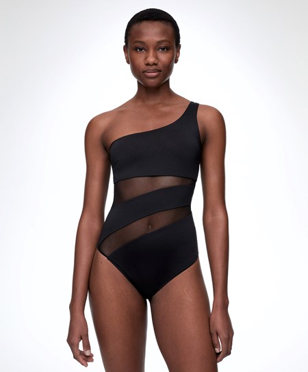 Oysho Sheer Panel Asymmetric Swimsuit Čierne | HVE286409