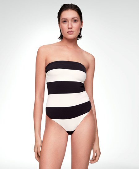 Oysho Stripe Piqué Bandeau Swimsuit Čierne | MKX203916