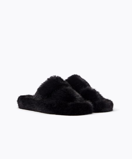 Oysho Syntetická Fur Double Remienkove Sandals Čierne | FYO069472